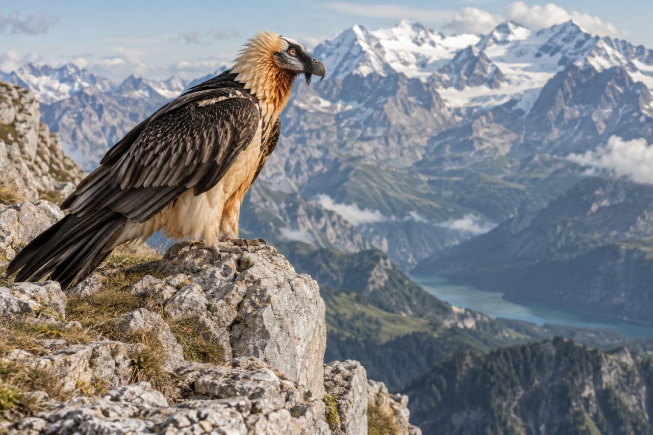 Gypaète barbu des Alpes — perched on a high limestone cliff