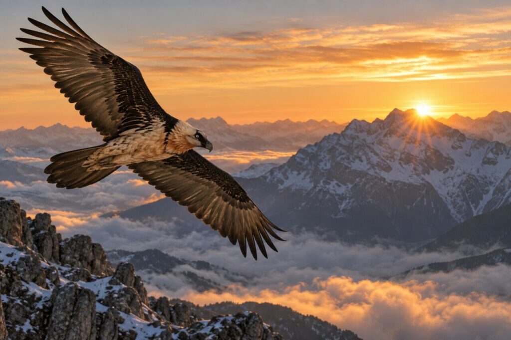 Gypaète barbu des Alpes — silhouetted against a mountain sunrise