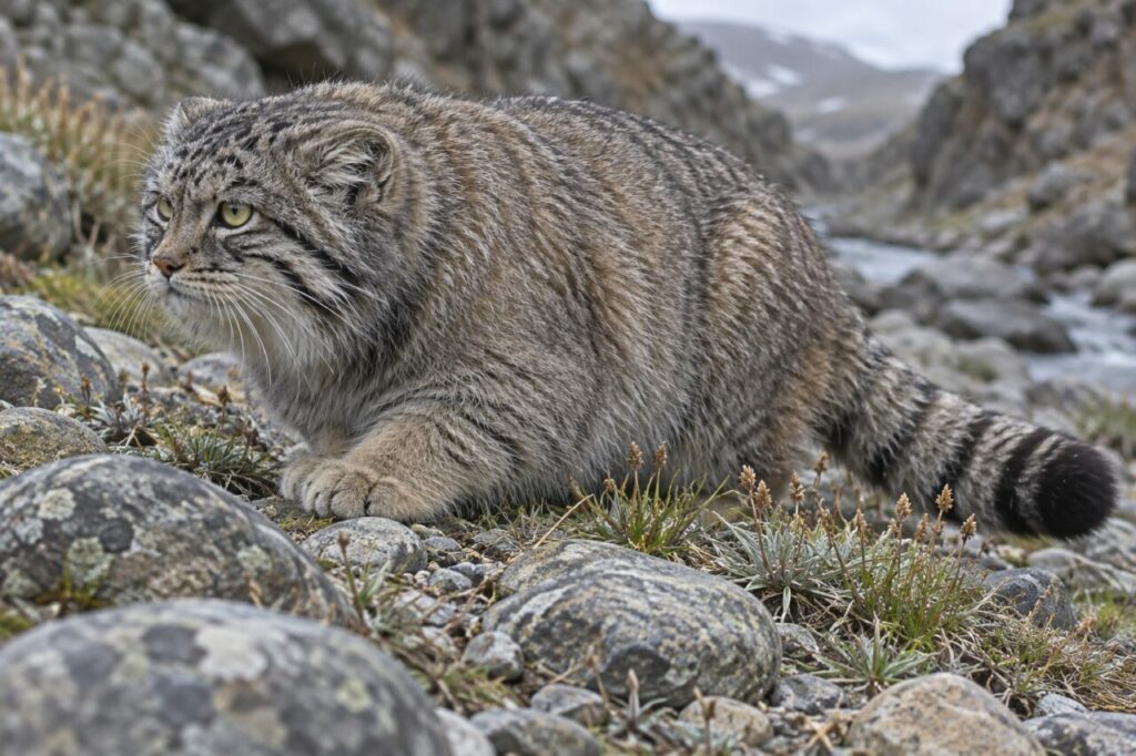 Herbes alpines et galets autour d’un chat de Pallas aux yeux écartés
