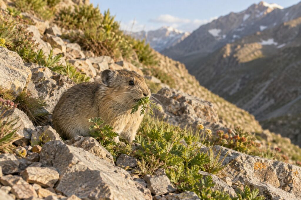 Herbes alpines — pika d’Ili (Ochotona iliensis) près d’herbes alpines sur un pierrier des Tian Shan