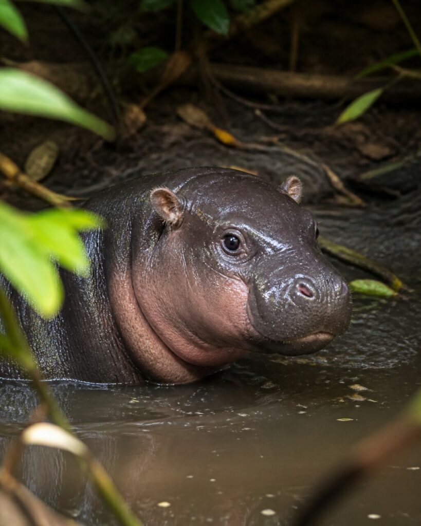 Ippopotamo pigmeo — Testa rotonda presso la pozza torbida