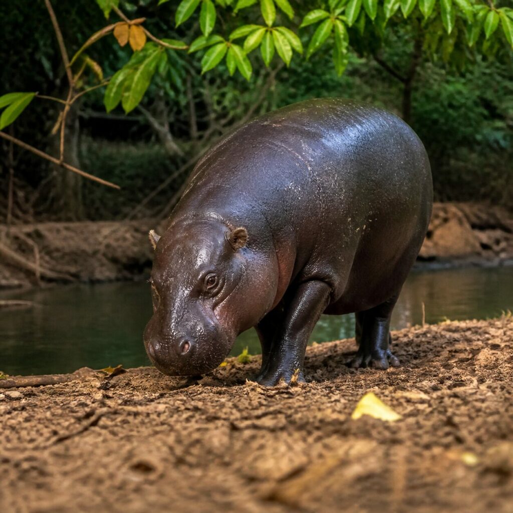 Ippopotamo pigmeo — Posa immobile sul fango umido