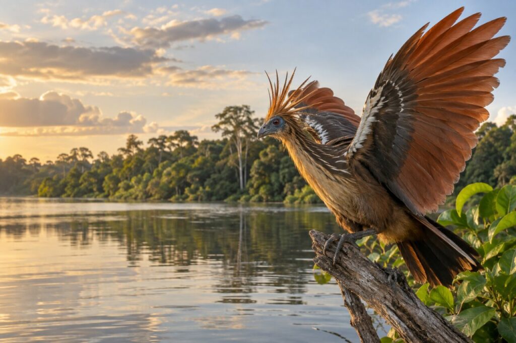 Face au fleuve doré, un Hoatzin (Opisthocomus hoazin) déploie ses ailes au crépuscule