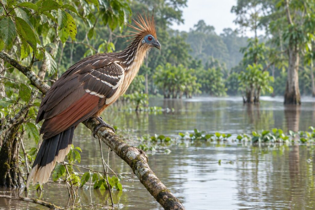 Au-dessus d’une forêt inondée, un Hoatzin (Opisthocomus hoazin) veille sur l’eau amazonienne