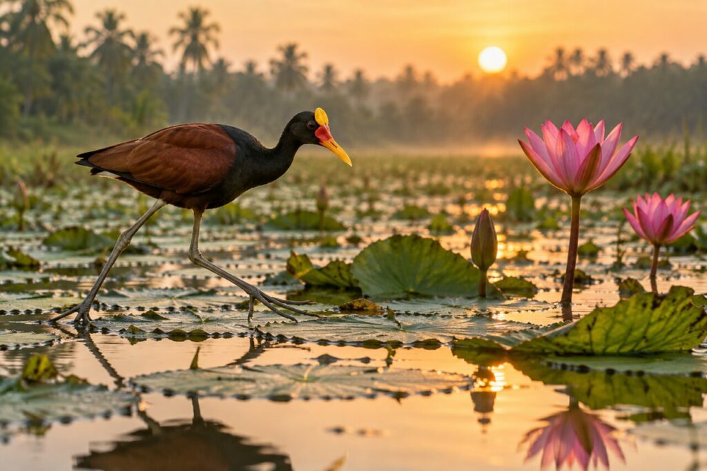 Jacana de los humedales tropicales — near lotus flowers at sunrise