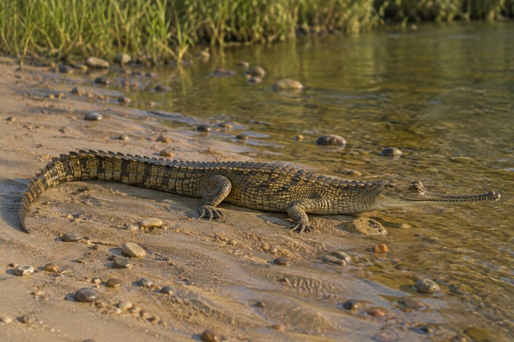 Parmi les galets, un jeune gavial du Gange rejoint l'eau calme