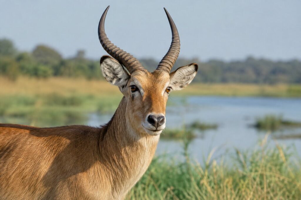 Kob des plaines inondables africaines — close portrait with amber eyes