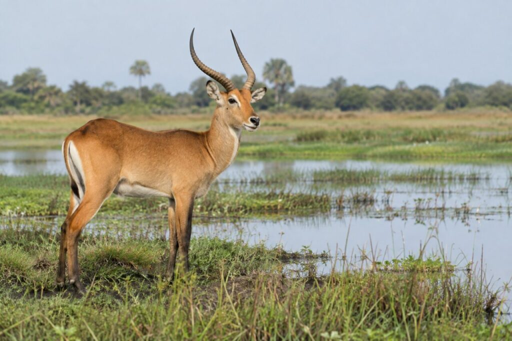 Kob des plaines inondables africaines — standing beside a shallow floodplain