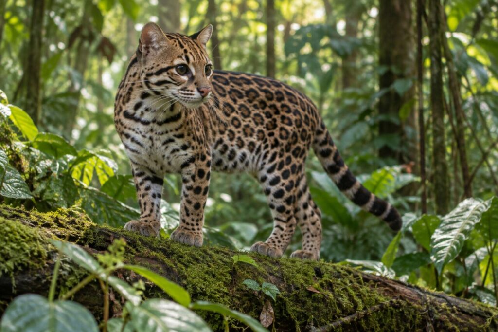 À l’affût — ocelot (Leopardus pardalis) sur un tronc couvert de mousse dans la forêt humide