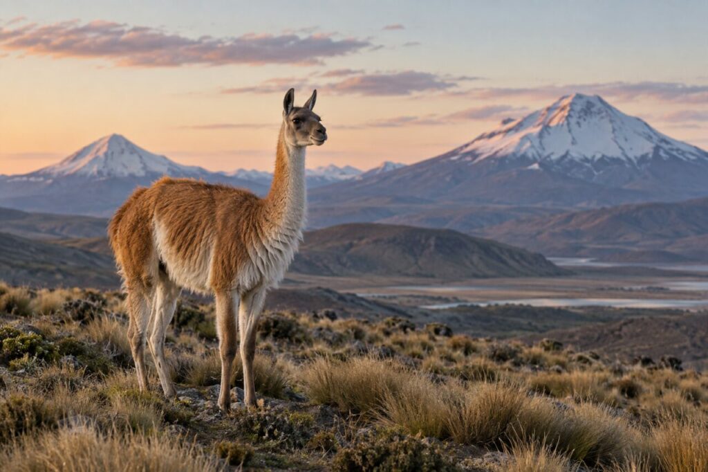 À l’aube — guanaco (Lama guanicoe) sur une puna andine face aux volcans