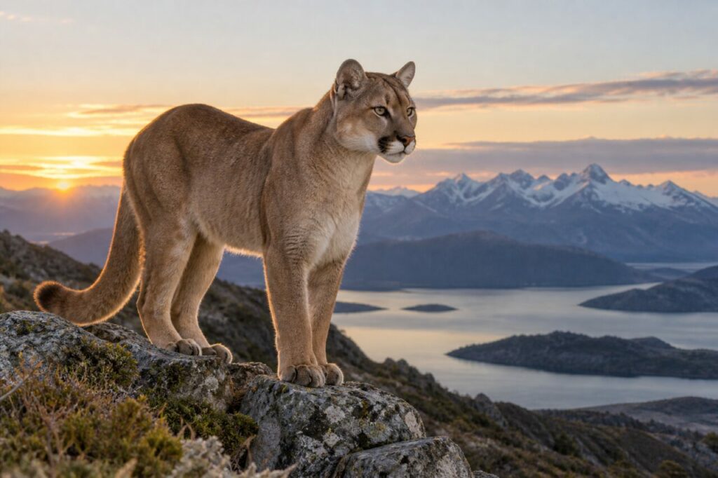 À l’aube — puma (Puma concolor) sur une crête rocheuse dominant un lac de Patagonie