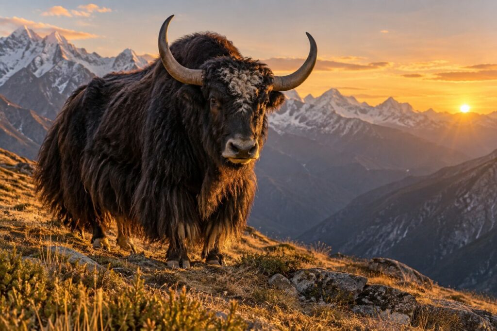 À l’heure dorée — yack sauvage (Bos mutus) dans l’herbe rase d’un plateau himalayen