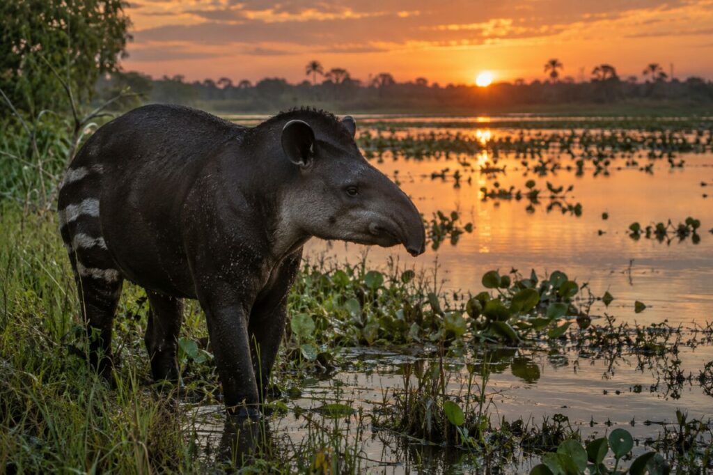 Lagune du Pantanal — tapir terrestre (Tapirus terrestris), immobile parmi les roseaux