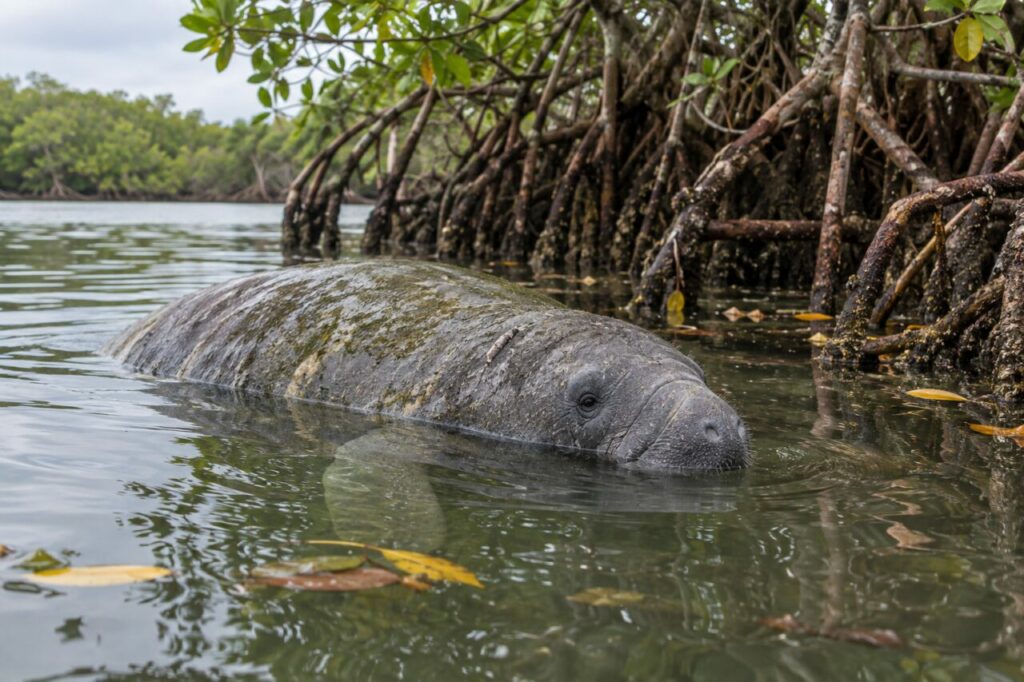 Peixe-boi-das-Índias Ocidentais — near mangrove roots