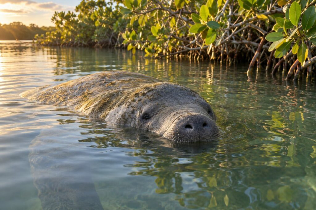 Peixe-boi-das-Índias Ocidentais — resting at the water surface
