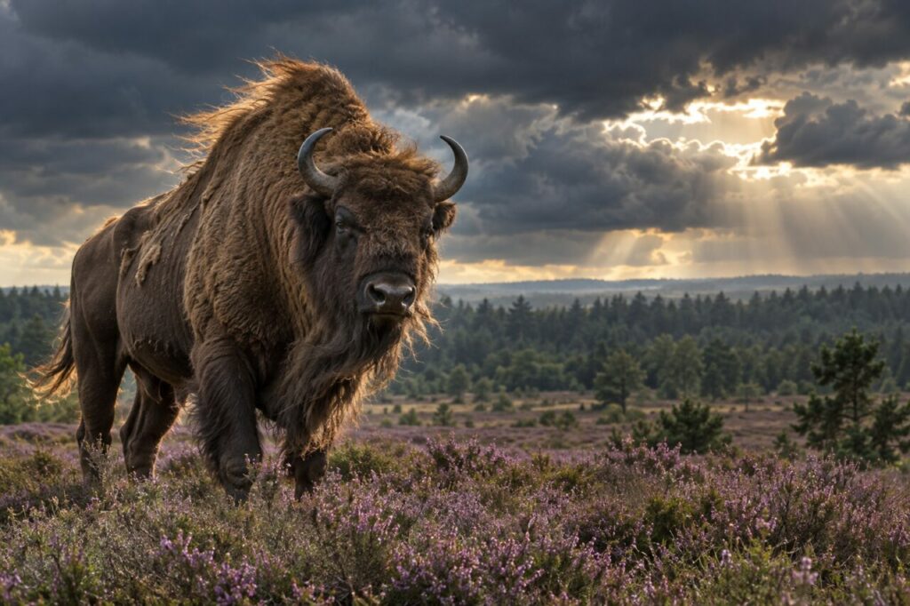 Lande de bruyère — bison d’Europe (Bison bonasus), avançant sur une lande ouverte sous un ciel d’orage