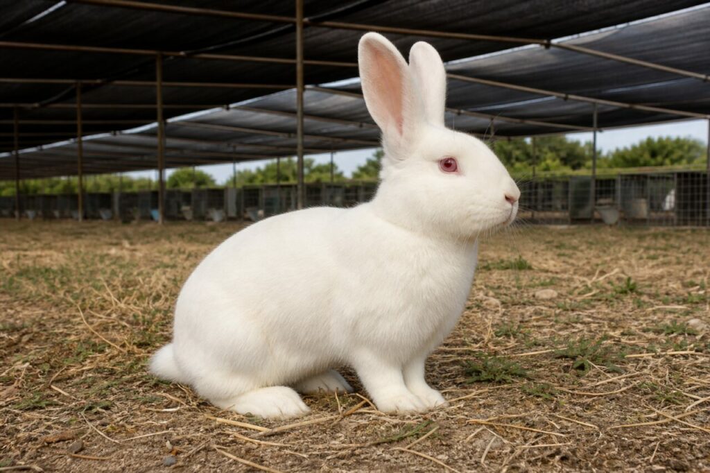 Lapin blanc de Nouvelle-Zélande adulte dans une ferme de Californie, États-Unis