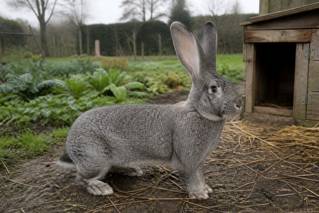 Lapin géant des Flandres adulte dans une ferme de Flandre, Belgique