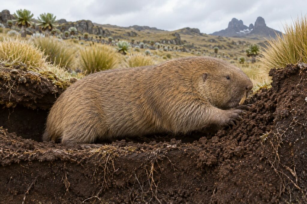 Le rat-taupe géant éthiopien fouille une prairie volcanique