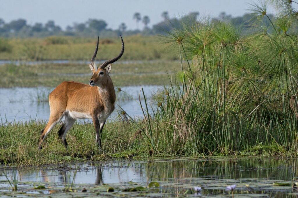 Lechwe des marais d’Afrique australe — near papyrus and dark channels
