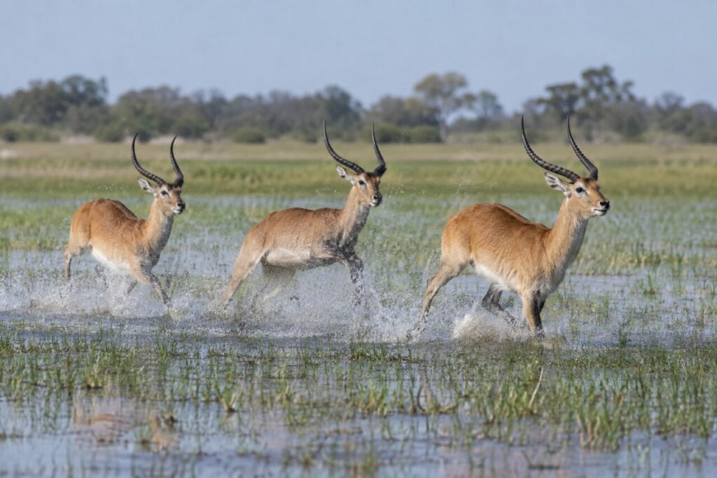 Lechwe des marais d’Afrique australe — running across a flooded grass plain