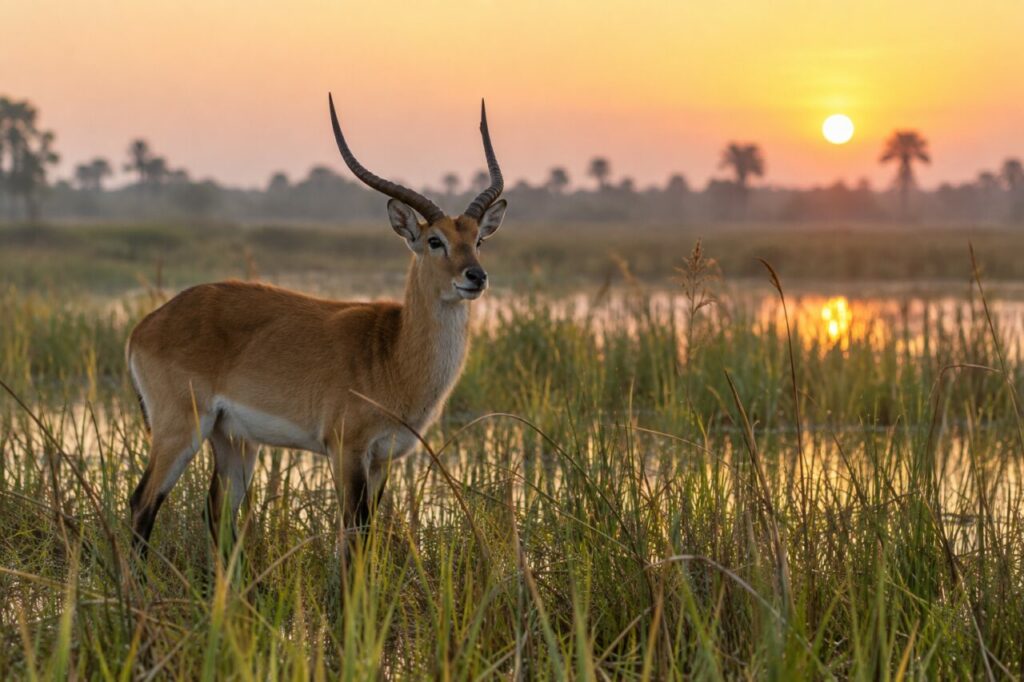 Lechwe des marais d’Afrique australe — standing among reeds at sunrise