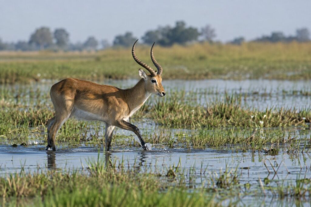 Lechwe des marais d’Afrique australe — wading through shallow marsh water