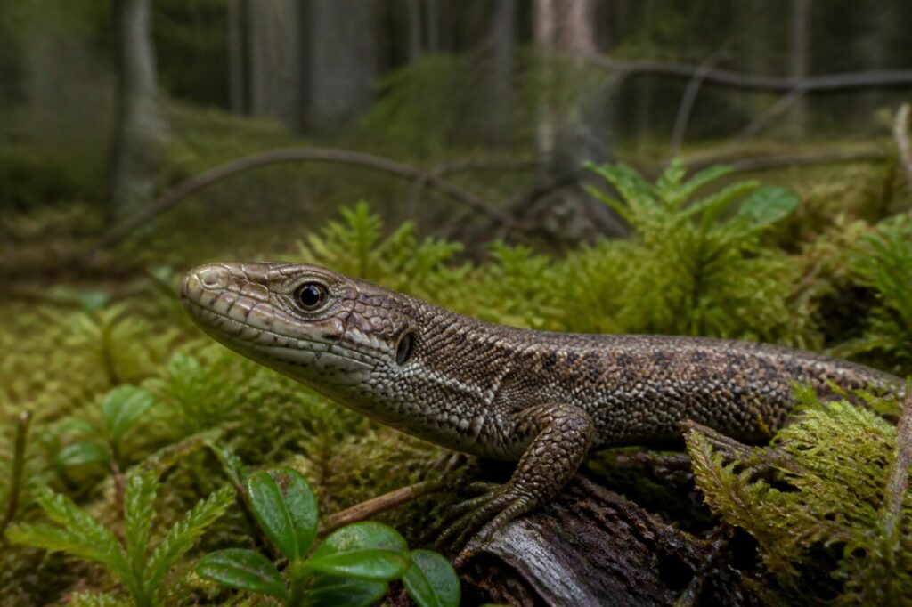 Waldeidechse Zootoca vivipara im Nahbild an einem moosigen borealen Waldrand