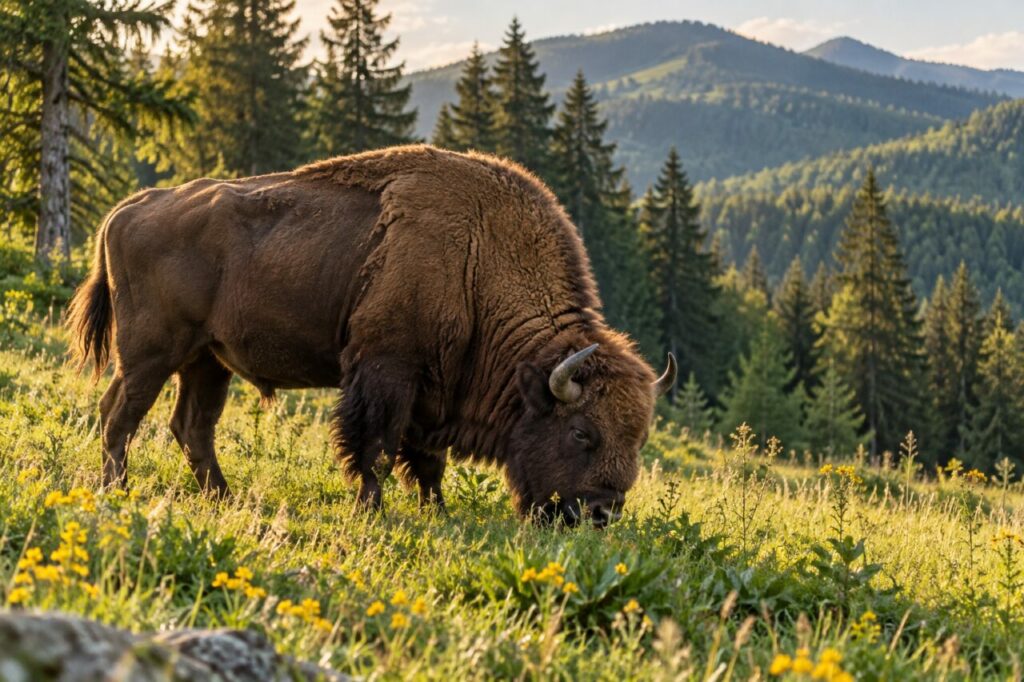 Lisière des Carpates — bison d’Europe (Bison bonasus), broutant dans une prairie ensoleillée au bord des Carpates