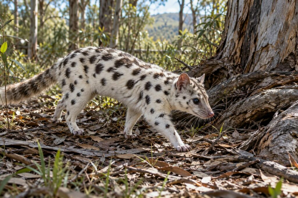Litière d’eucalyptus — quoll oriental (*Dasyurus viverrinus*)