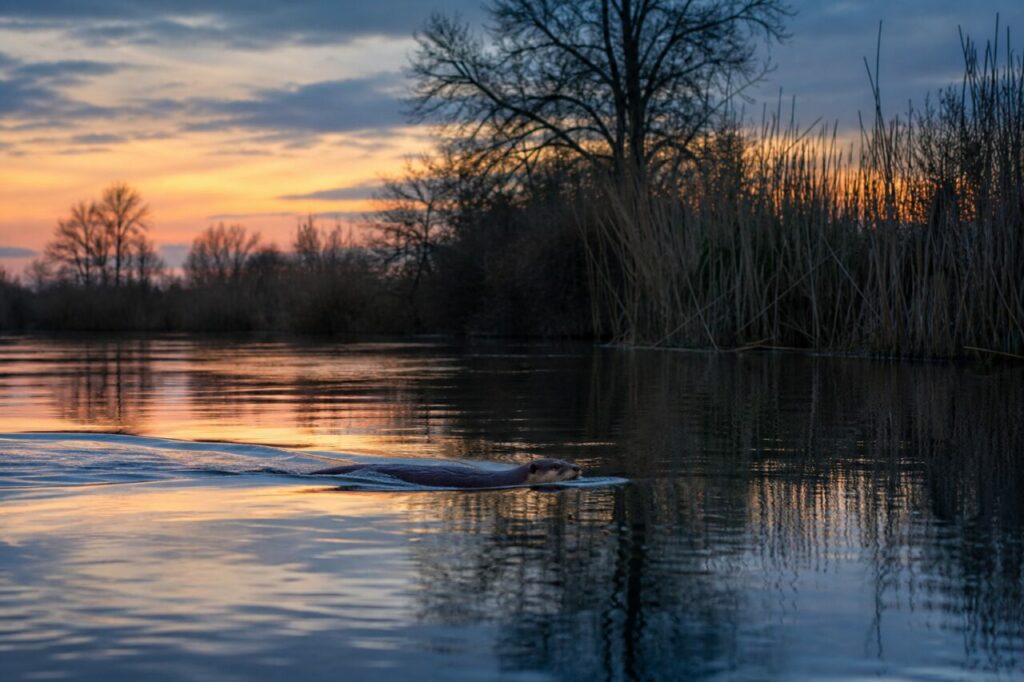 Loutre d’Europe nageant au crépuscule dans les roseaux