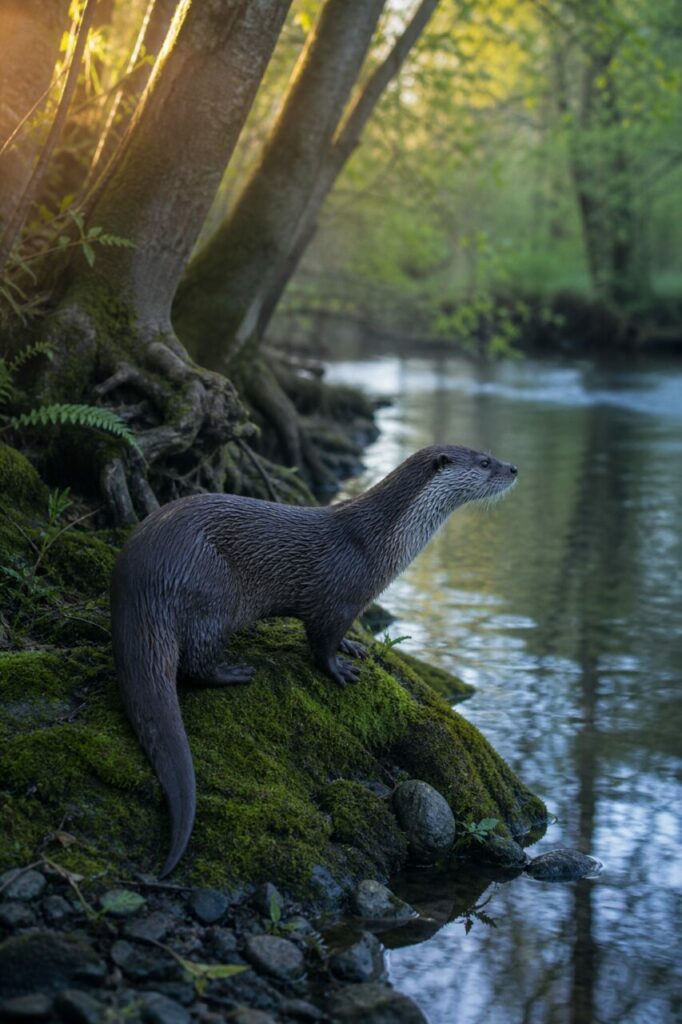 Loutre d’Europe de profil sur une berge moussue sous une lumière dorée