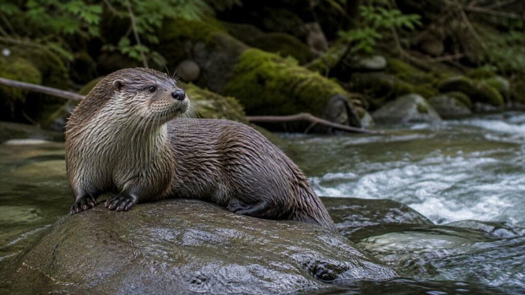 Loutre d’Europe au repos sur une pierre dans un ruisseau forestier