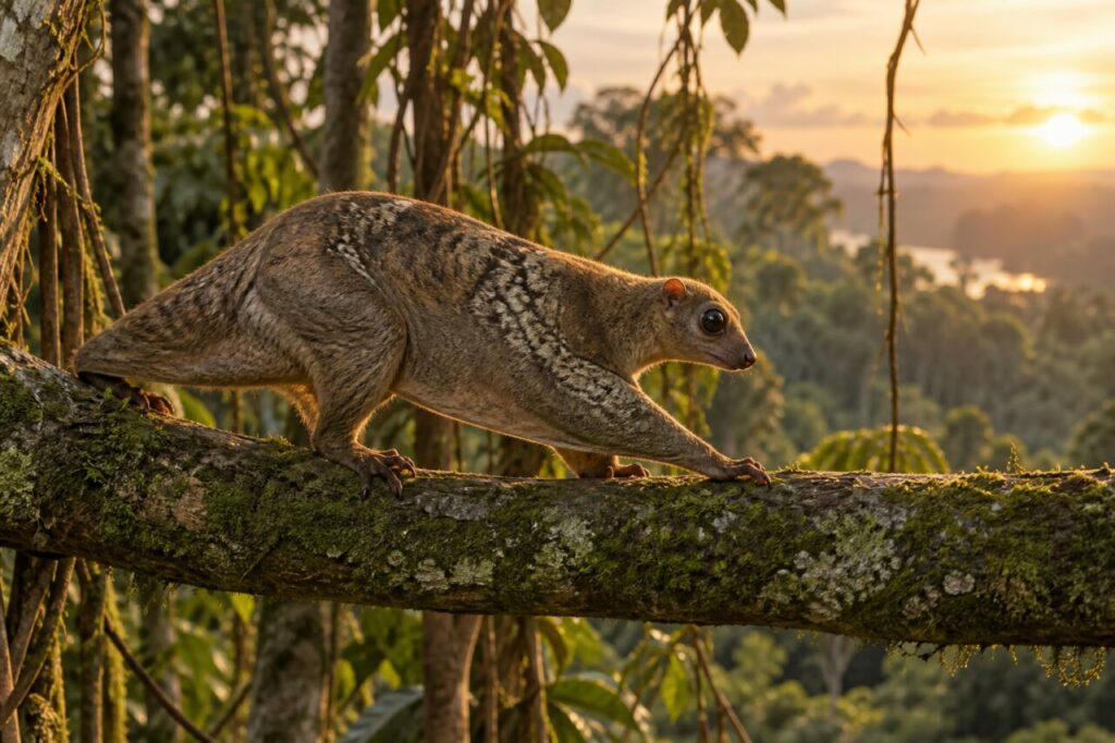 Lueur du couchant — colugo de la Sonde (Galeopterus variegatus), progressant sur un support couvert de mousse