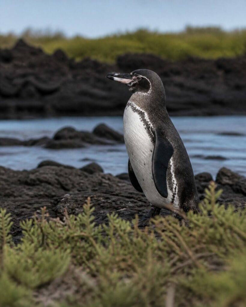 Pinguino delle Galápagos tra la bassa vegetazione costiera — Pinguino delle Galápagos