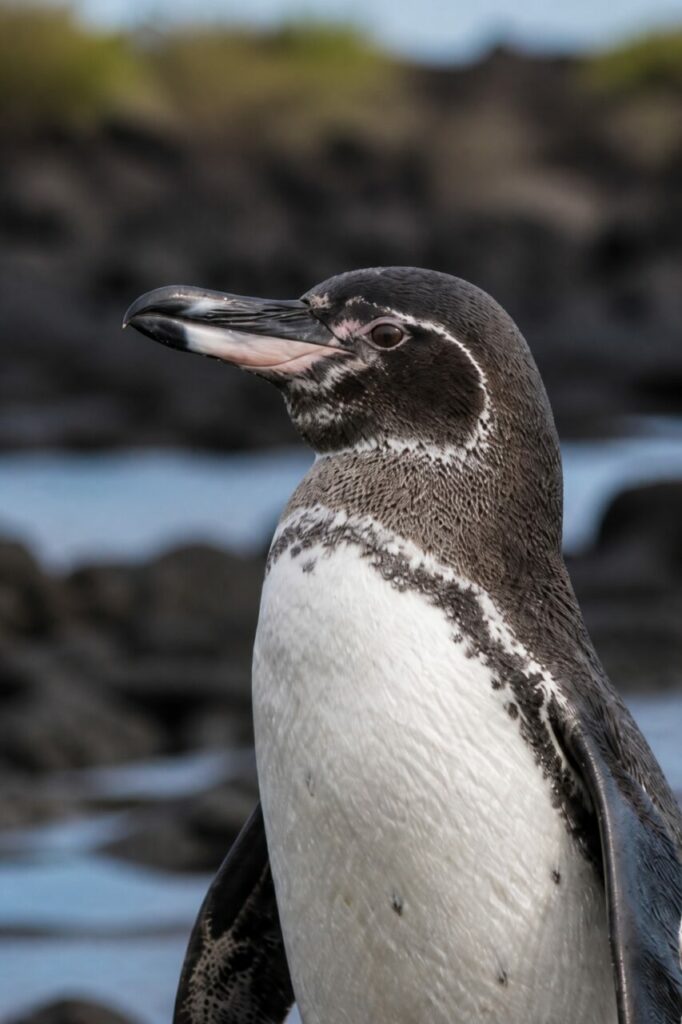 Sottile linea chiara intorno al volto scuro — Pinguino delle Galápagos