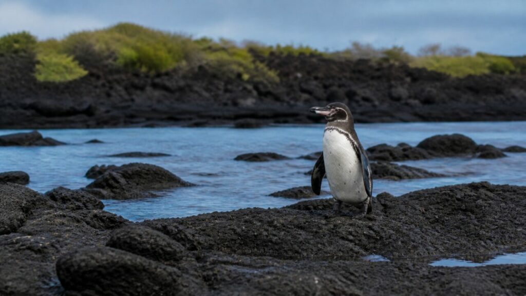 Piccolo pinguino tra costa rocciosa e acqua blu — Pinguino delle Galápagos