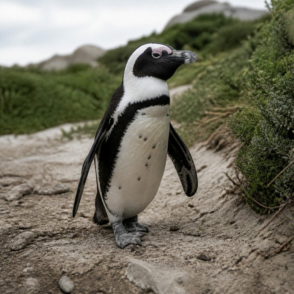 Un pinguino cammina tra sabbia e arbusti bassi — Pinguino africano