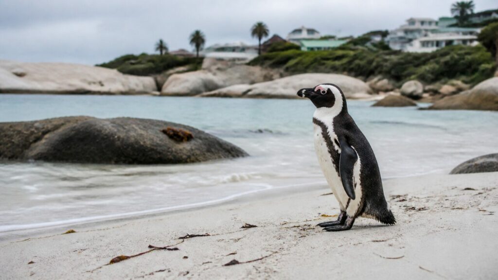 Pinguino solitario lungo unʼampia spiaggia — Pinguino africano