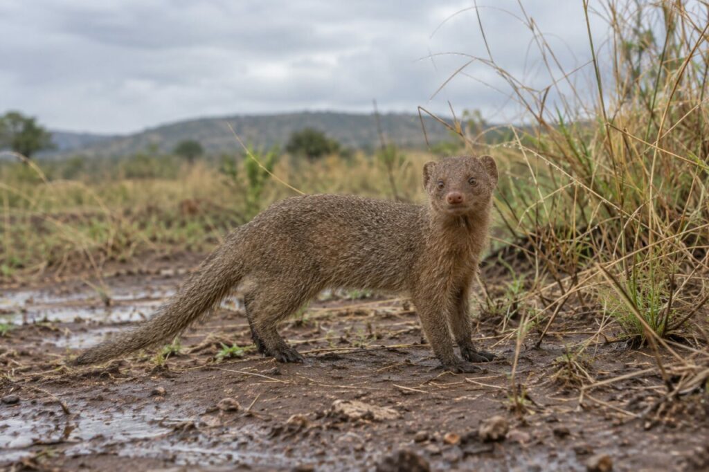 Mangusto-esbelto da savana — near dry grasses after a shower
