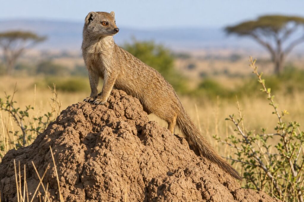 Mangusto-esbelto da savana — watching from a sunlit termite mound