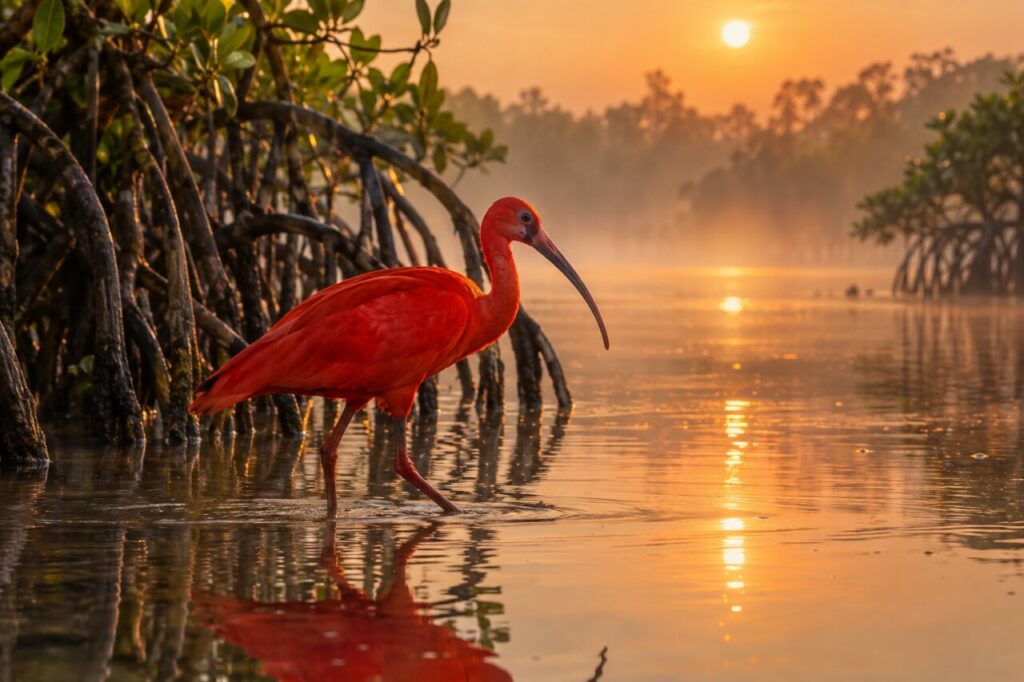Mangrove à l’aube — ibis rouge (Eudocimus ruber), avançant dans la lagune vénézuélienne