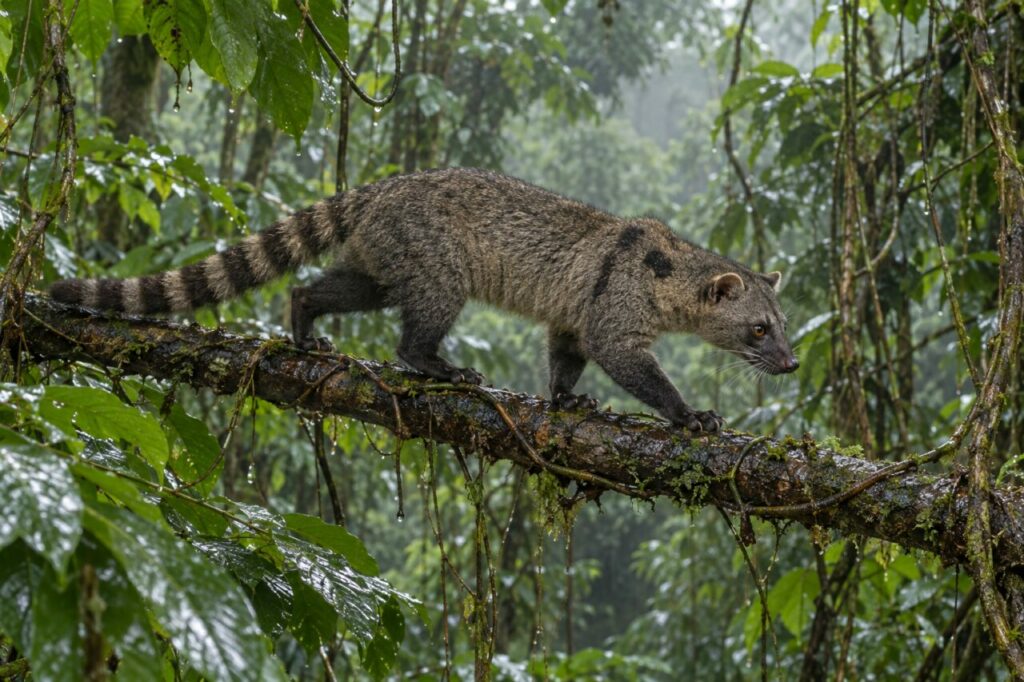 Marche: Civette palmiste africaine avançant sur une liane après la pluie