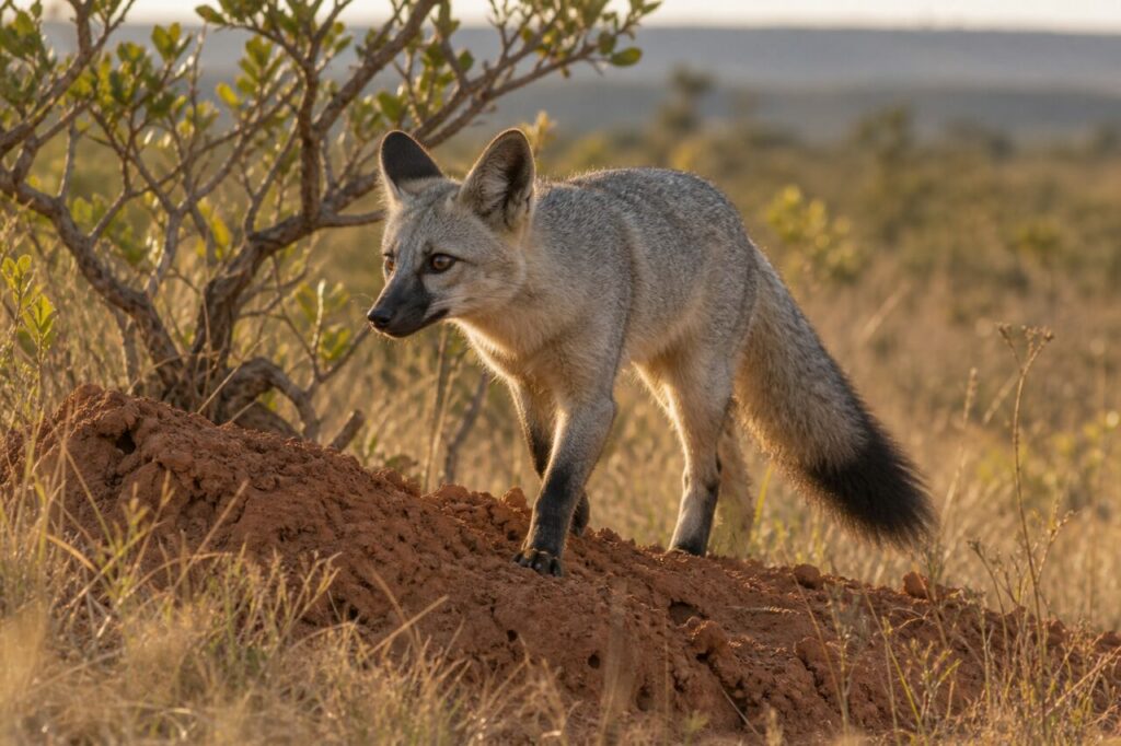 Marche — Renard des savanes avançant le long d’une termitière du Cerrado