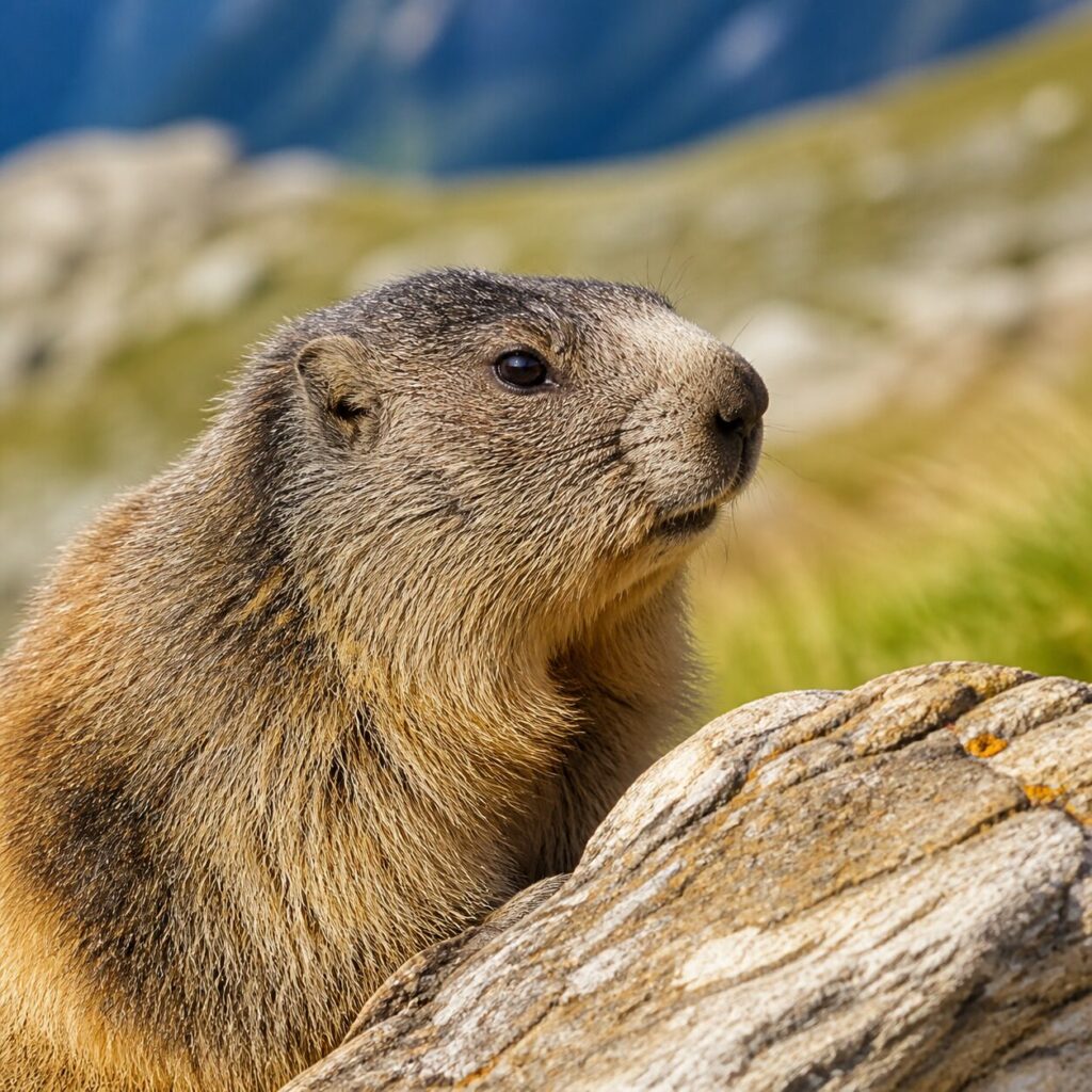 Marmotta dietro una roccia striata