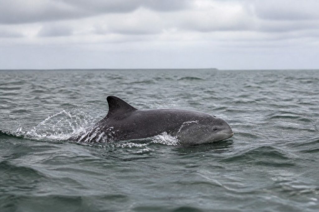 Focena comune adulto mentre supera un’onda al largo delle isole Wadden — fotografia naturalistica europea