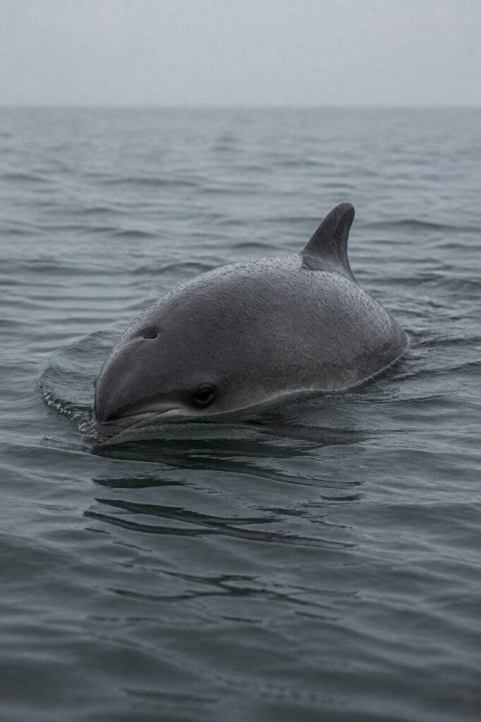 Focena comune adulto emergendo nelle acque grigie del Mare del Nord — fotografia naturalistica europea
