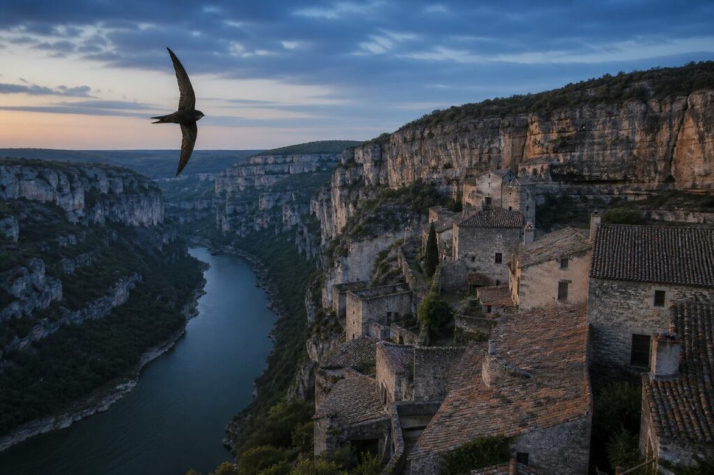 Solitary Eurasian swift above a river gorge and an old village at dusk