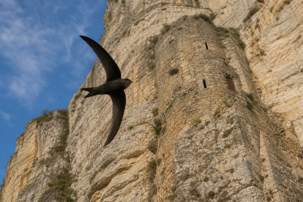 Solitary Eurasian swift flying beside a limestone cliff and an old European tower
