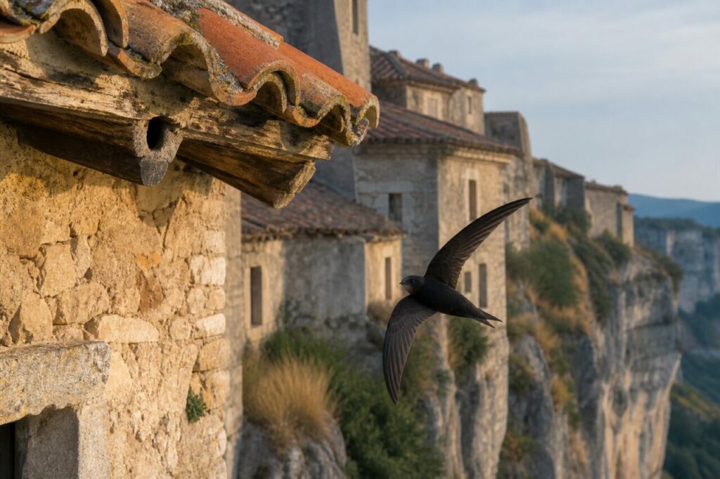 Martinet noir solitaire près de toits anciens au bord d’une falaise européenne
